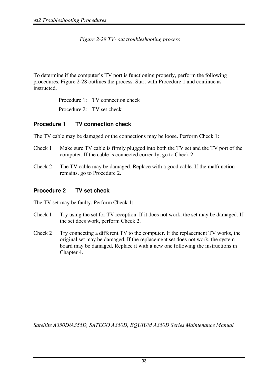 Toshiba Satellite A350D manual Procedure 1 TV connection check, Procedure 2 TV set check 