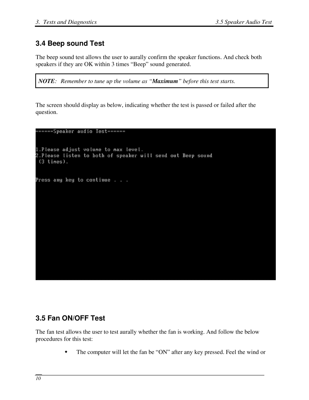 Toshiba Satellite A350D manual Beep sound Test, Fan ON/OFF Test, Tests and Diagnostics Speaker Audio Test 