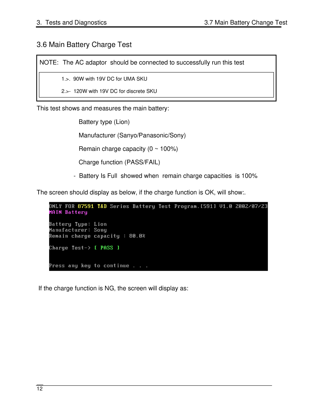 Toshiba Satellite A350D manual Main Battery Charge Test, Tests and Diagnostics Main Battery Change Test 