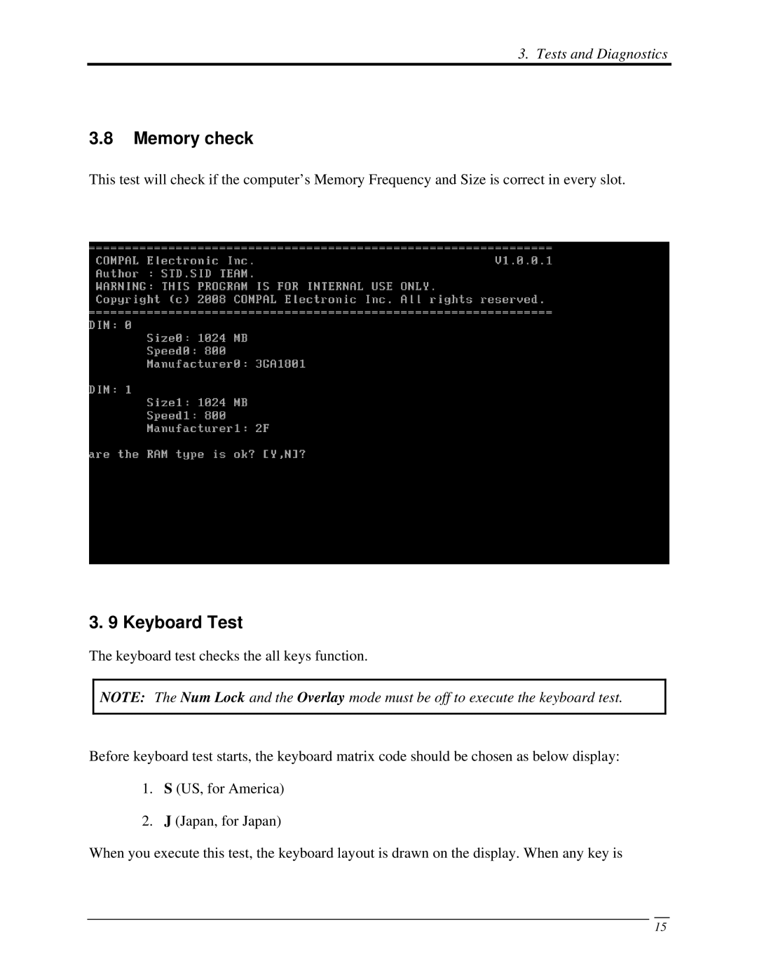 Toshiba Satellite A350D manual Memory check, Keyboard Test 