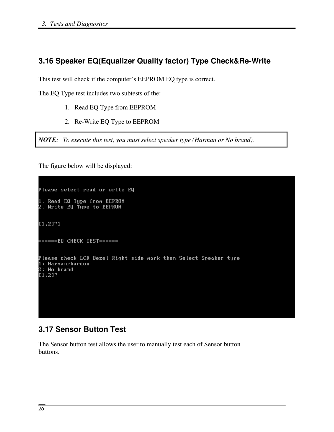 Toshiba Satellite A350D manual Speaker EQEqualizer Quality factor Type Check&Re-Write, Sensor Button Test 