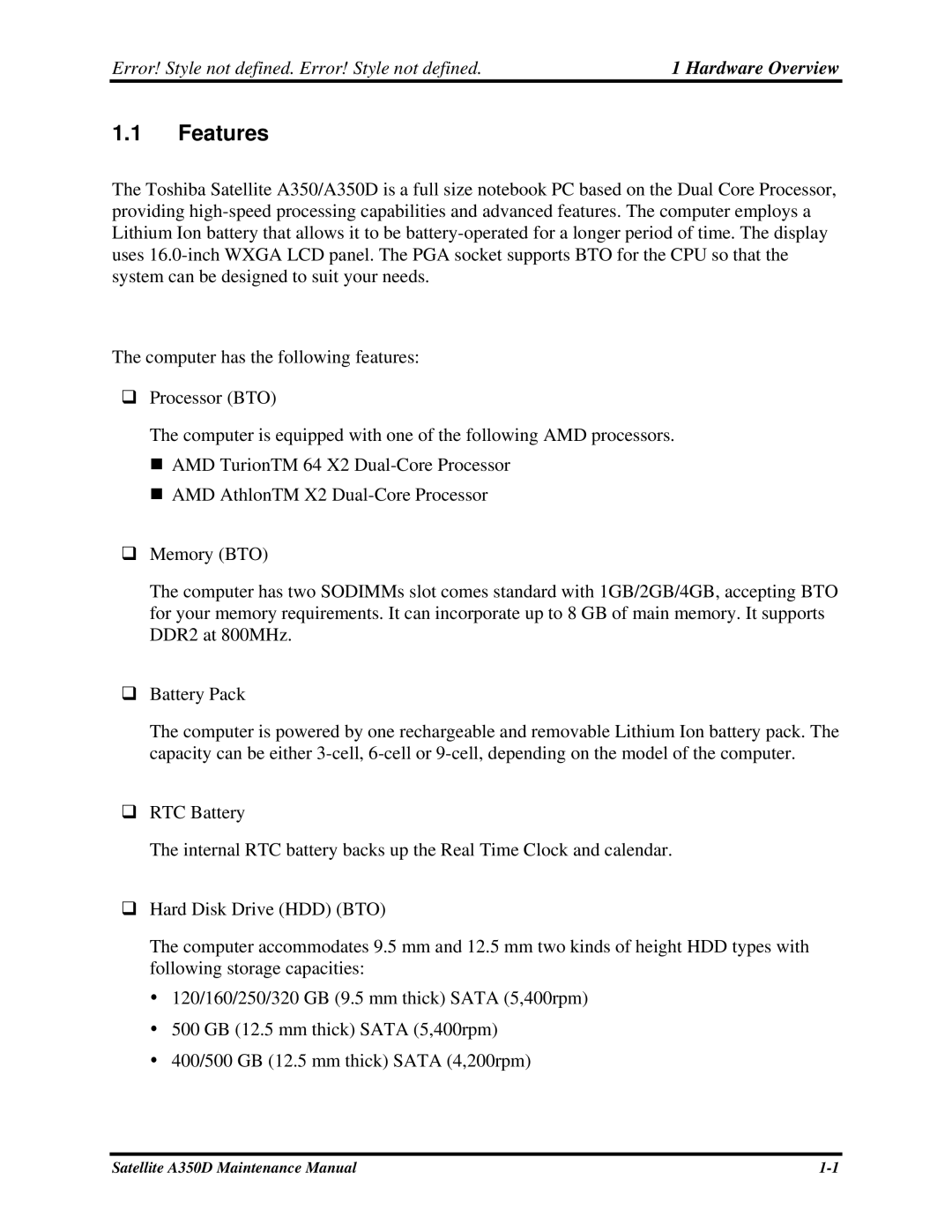 Toshiba Satellite A350D manual Features, Error! Style not defined. Error! Style not defined 