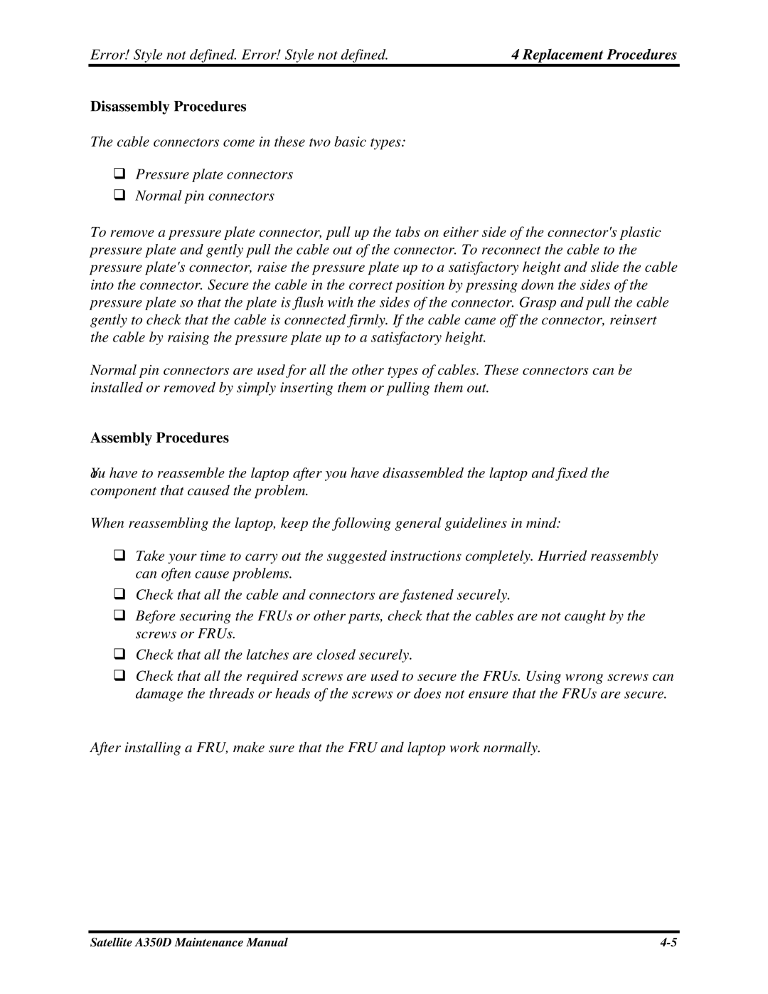 Toshiba Satellite A350D manual Disassembly Procedures, Assembly Procedures 