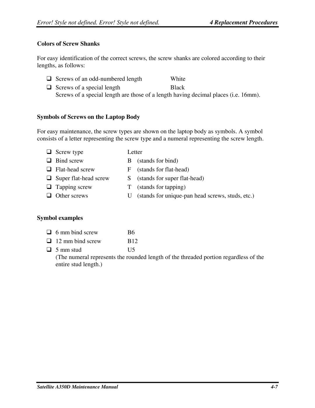 Toshiba Satellite A350D manual Colors of Screw Shanks, Symbols of Screws on the Laptop Body, Symbol examples 