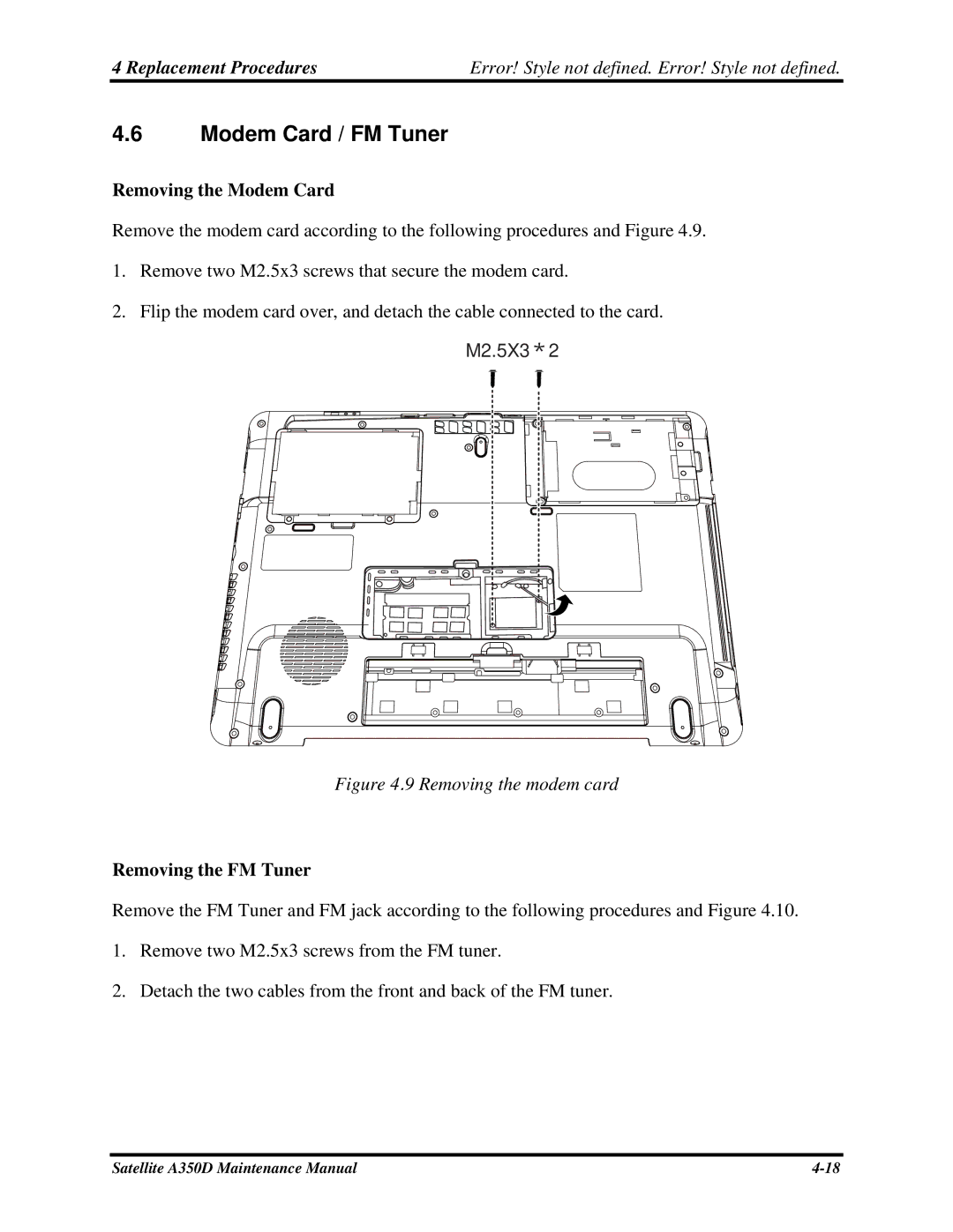 Toshiba Satellite A350D manual Modem Card / FM Tuner, Removing the Modem Card, Removing the FM Tuner 