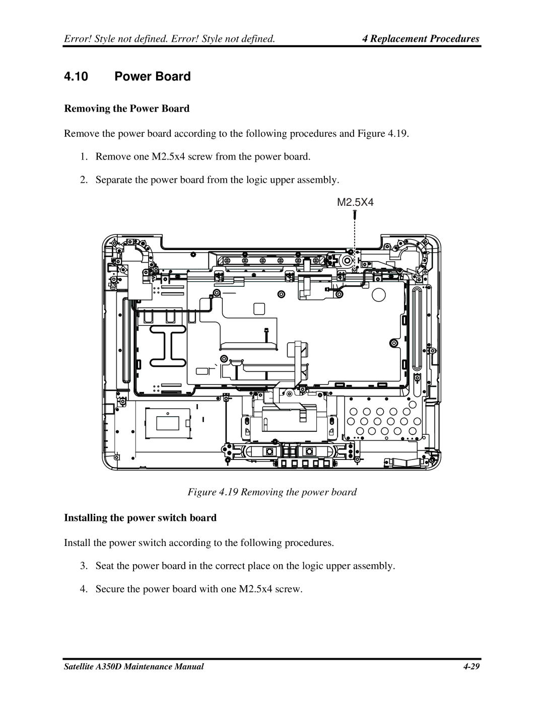 Toshiba Satellite A350D manual Removing the Power Board, Installing the power switch board 