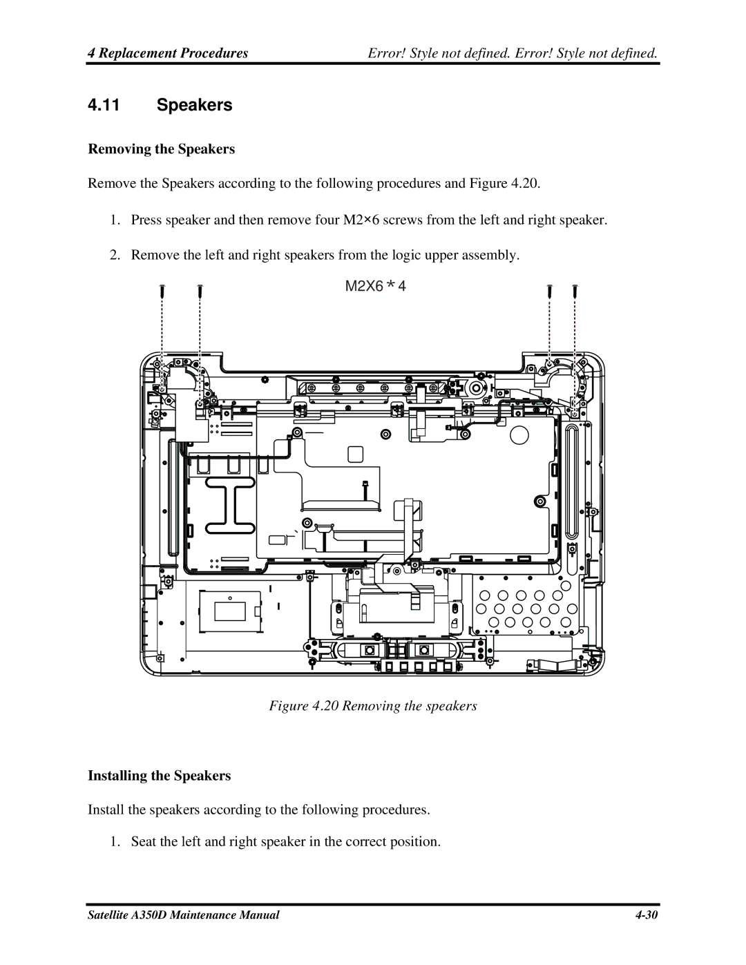 Toshiba Satellite A350D manual Removing the Speakers, Installing the Speakers 