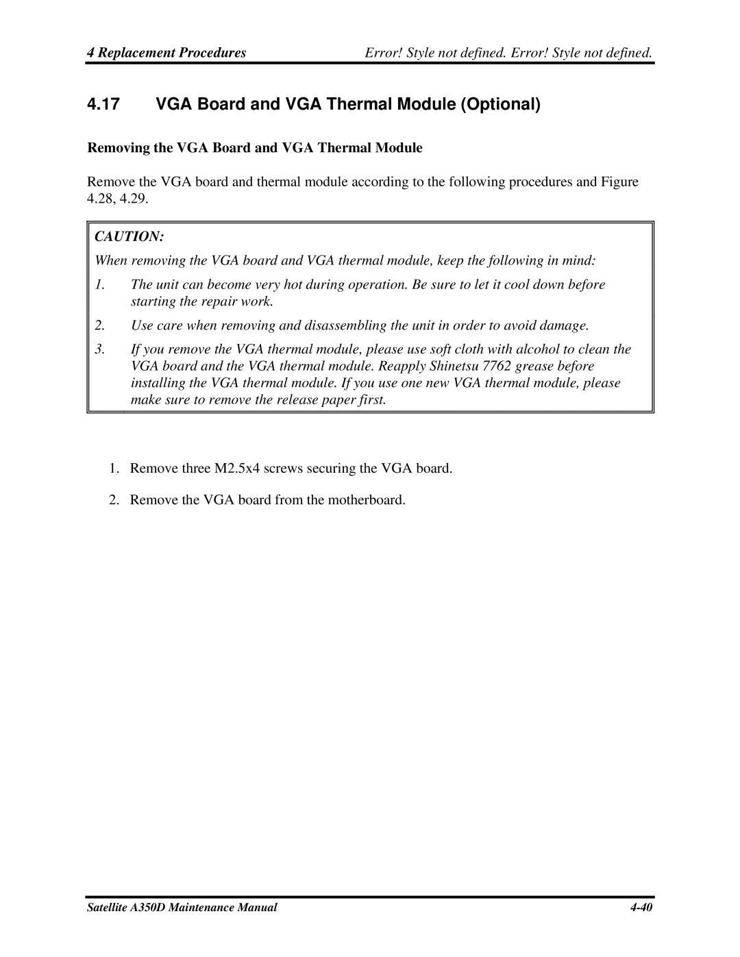 Toshiba Satellite A350D manual VGA Board and VGA Thermal Module Optional, Removing the VGA Board and VGA Thermal Module 