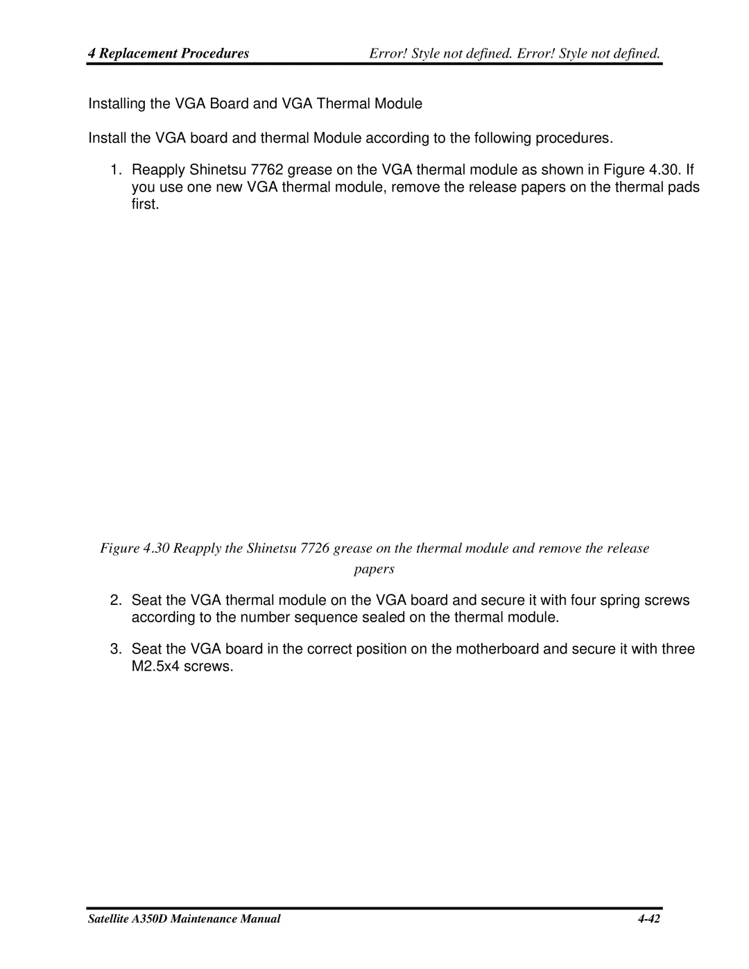 Toshiba Satellite A350D manual Installing the VGA Board and VGA Thermal Module 