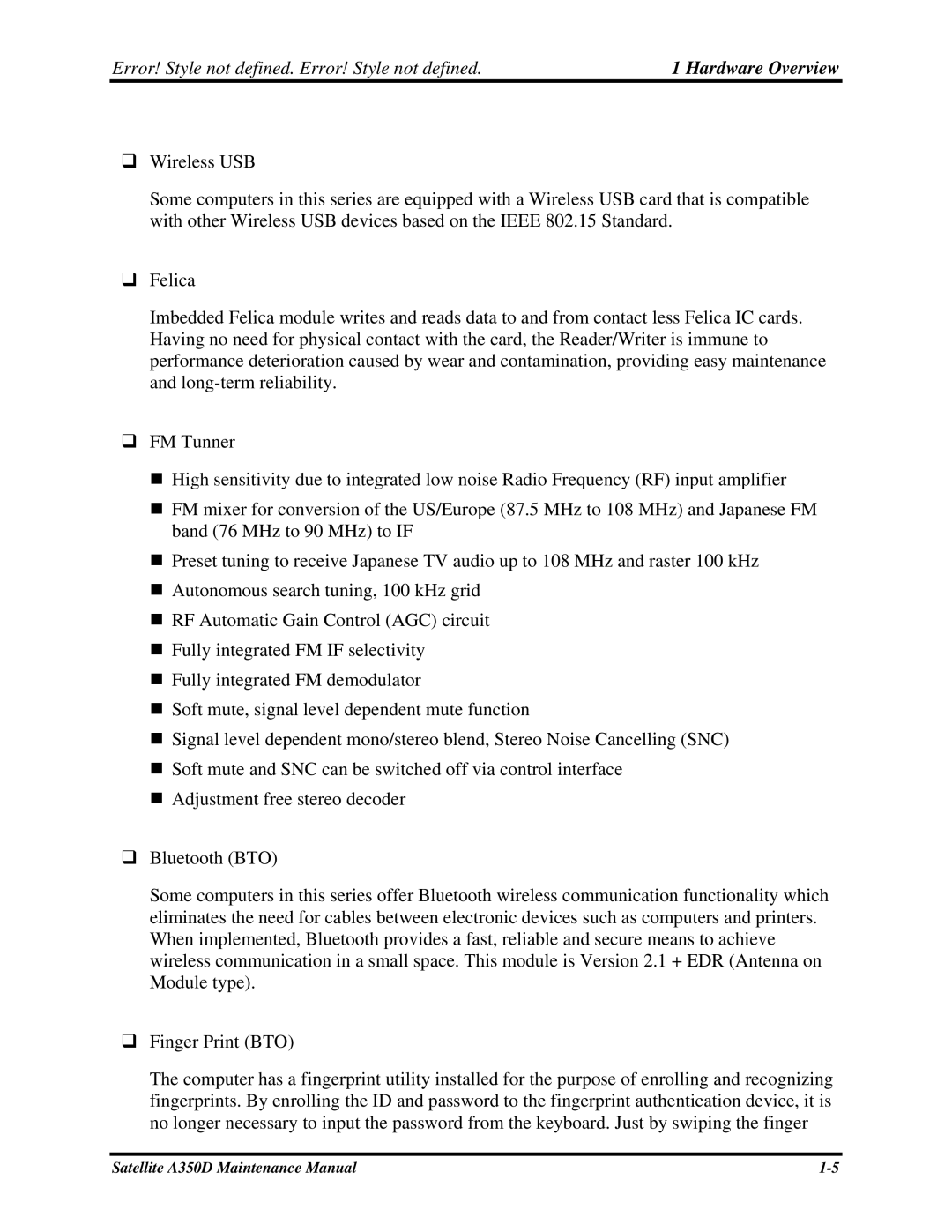 Toshiba Satellite A350D manual Hardware Overview 