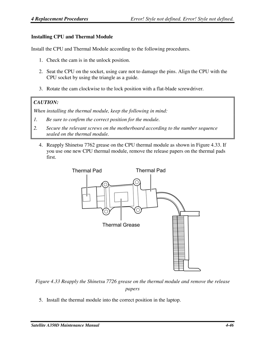 Toshiba Satellite A350D manual Installing CPU and Thermal Module 