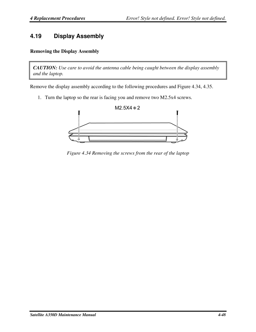 Toshiba Satellite A350D manual Removing the Display Assembly 