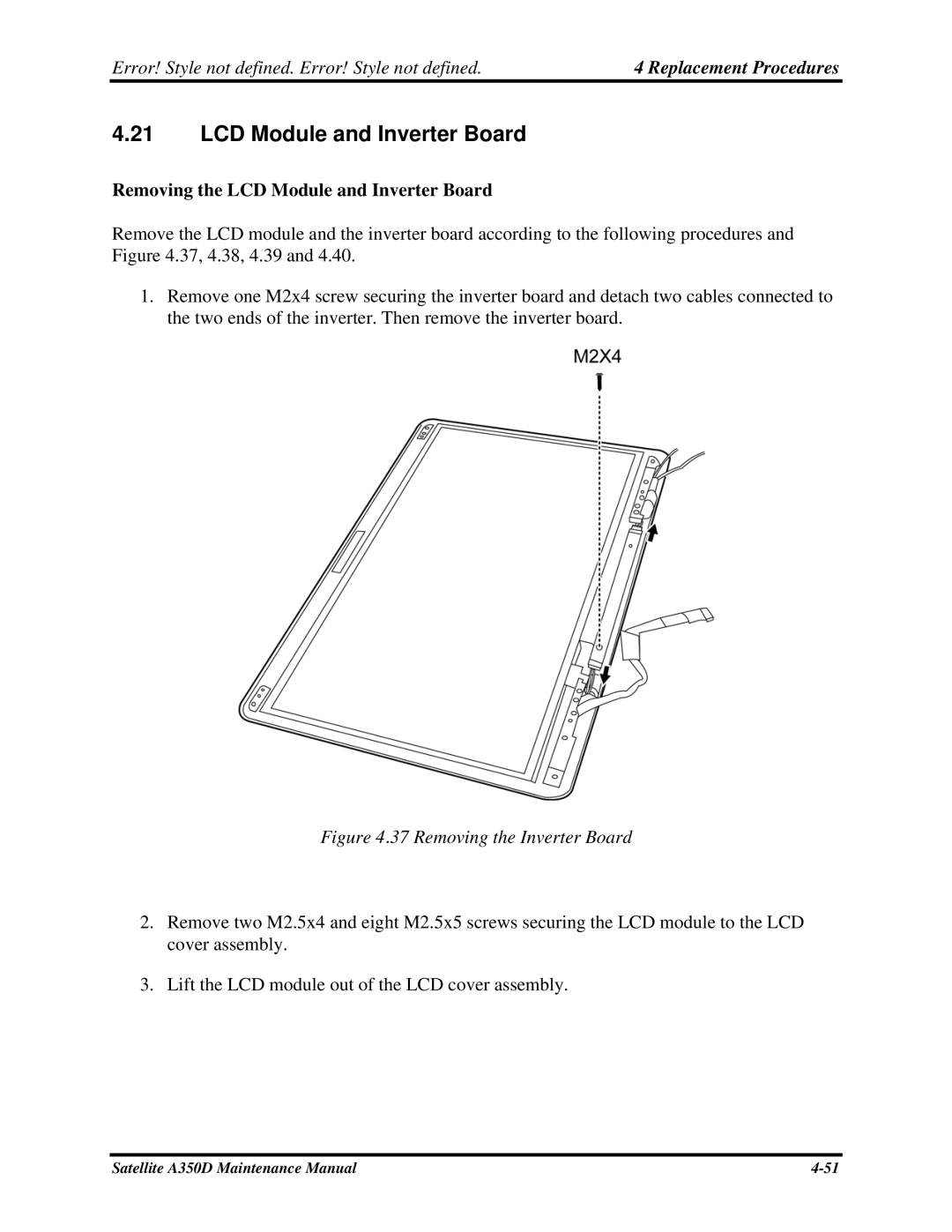 Toshiba Satellite A350D manual Removing the LCD Module and Inverter Board 