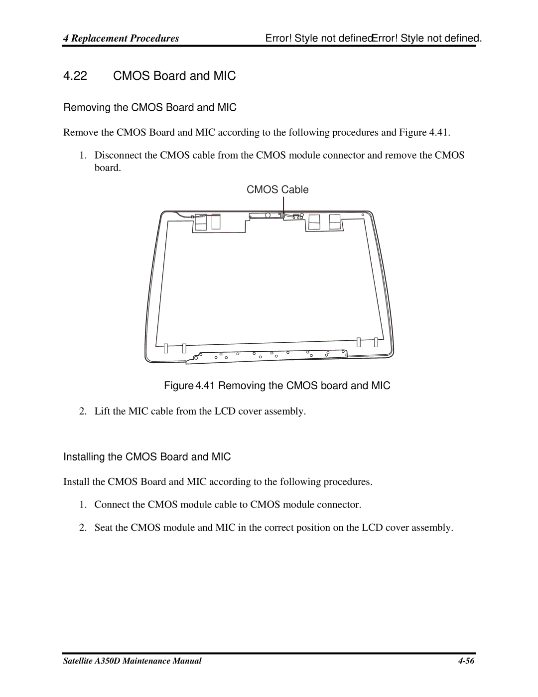 Toshiba Satellite A350D manual Removing the Cmos Board and MIC, Installing the Cmos Board and MIC 