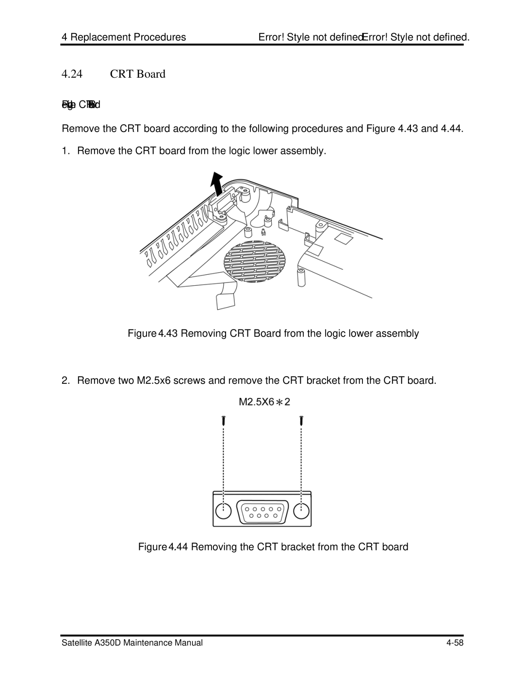 Toshiba Satellite A350D manual Removing the CRT Board 