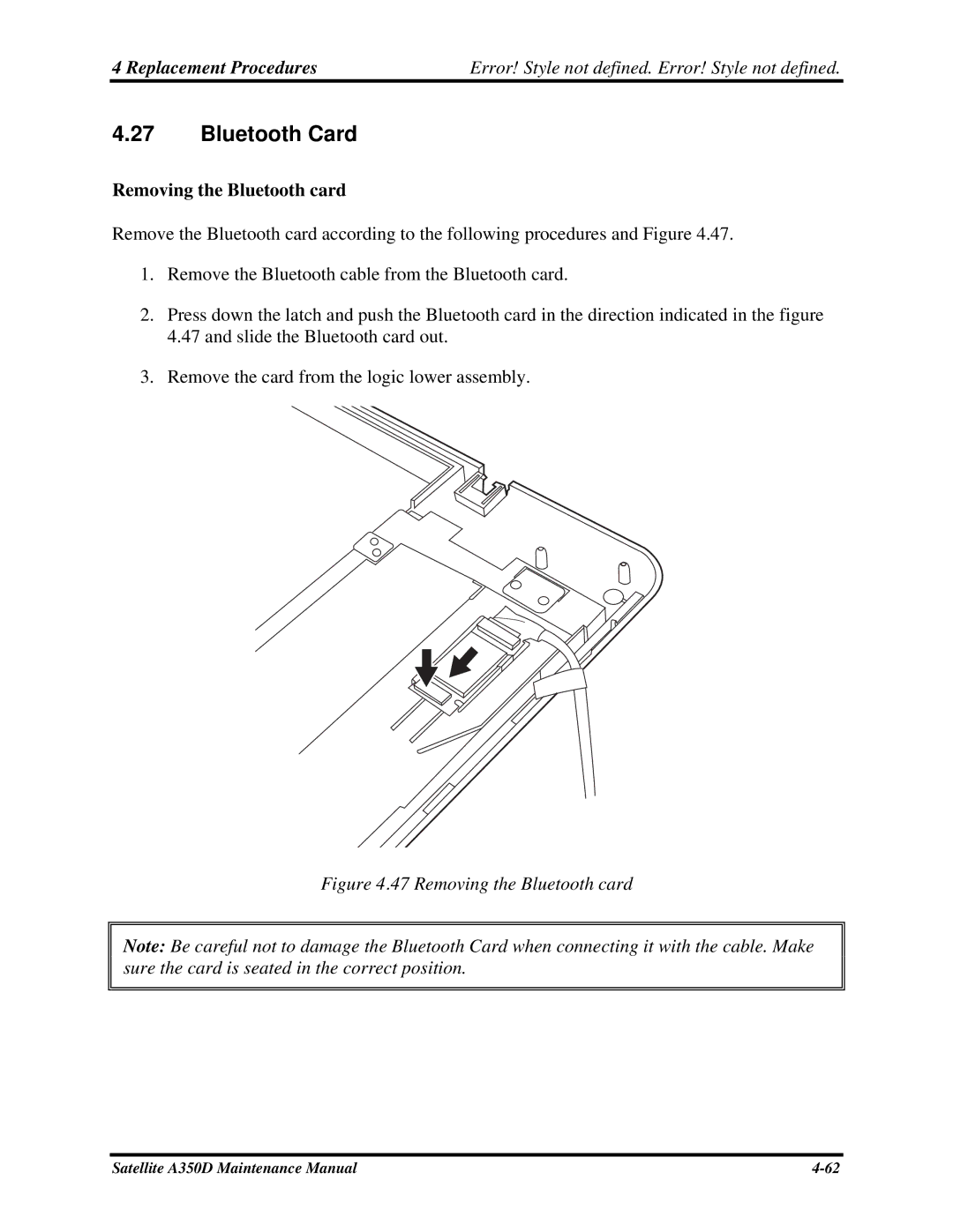 Toshiba Satellite A350D manual Bluetooth Card, Removing the Bluetooth card 