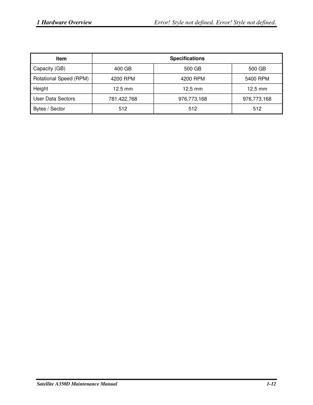 Toshiba Satellite A350D manual Specifications 