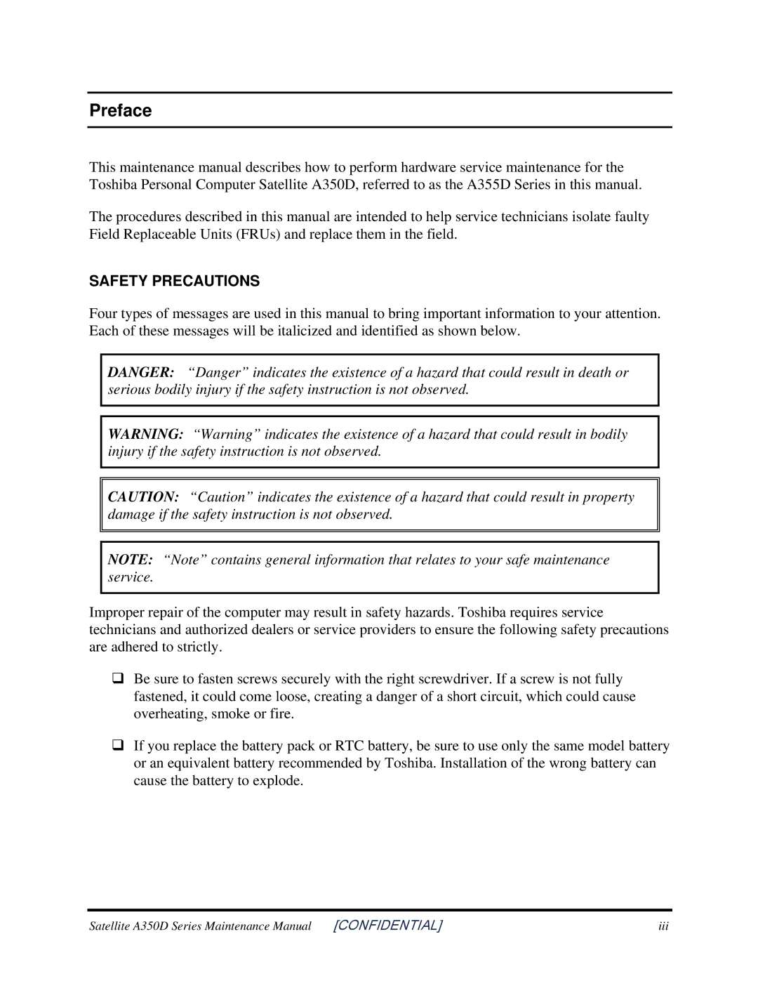 Toshiba Satellite A350D manual Preface, Safety Precautions 