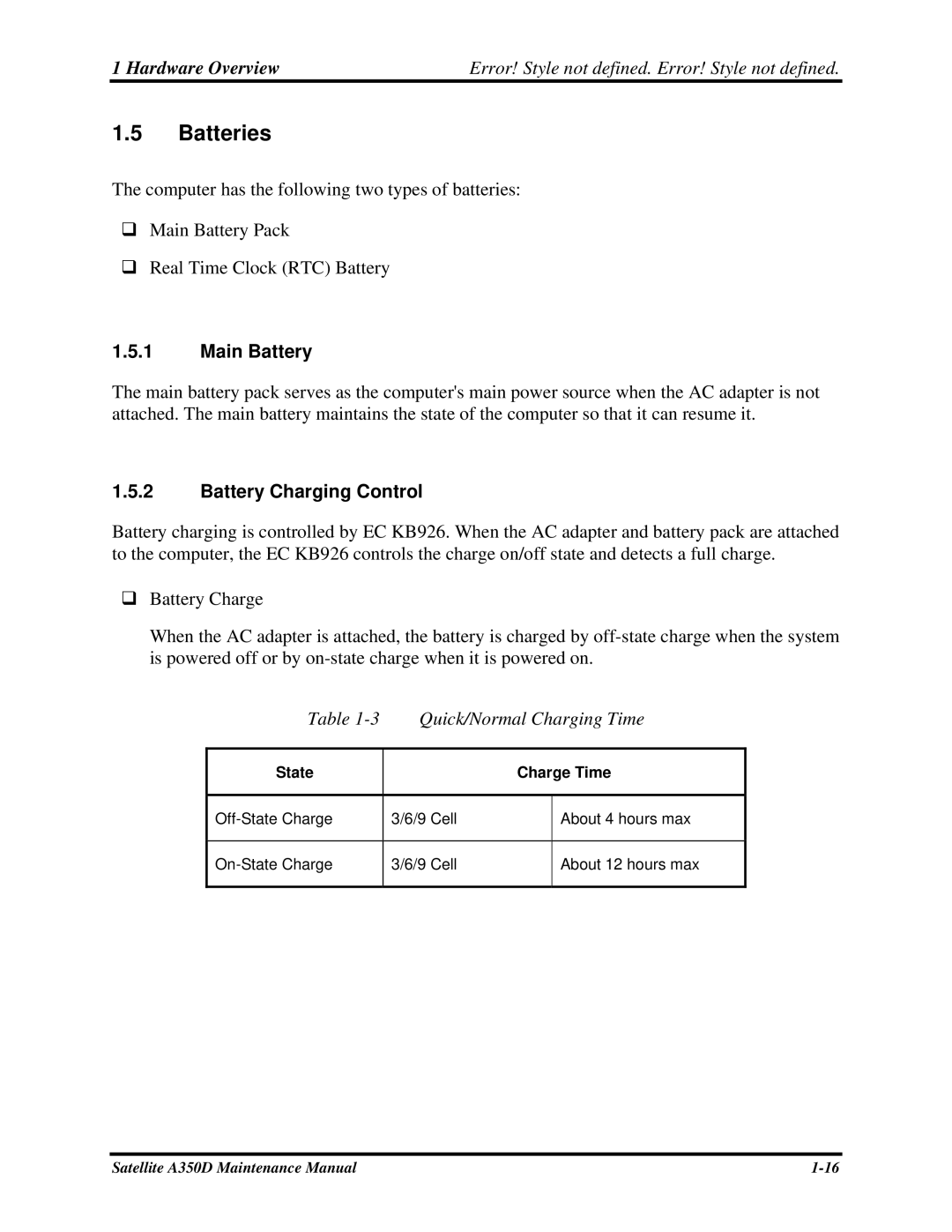 Toshiba Satellite A350D manual Batteries, Main Battery, Battery Charging Control, Quick/Normal Charging Time 