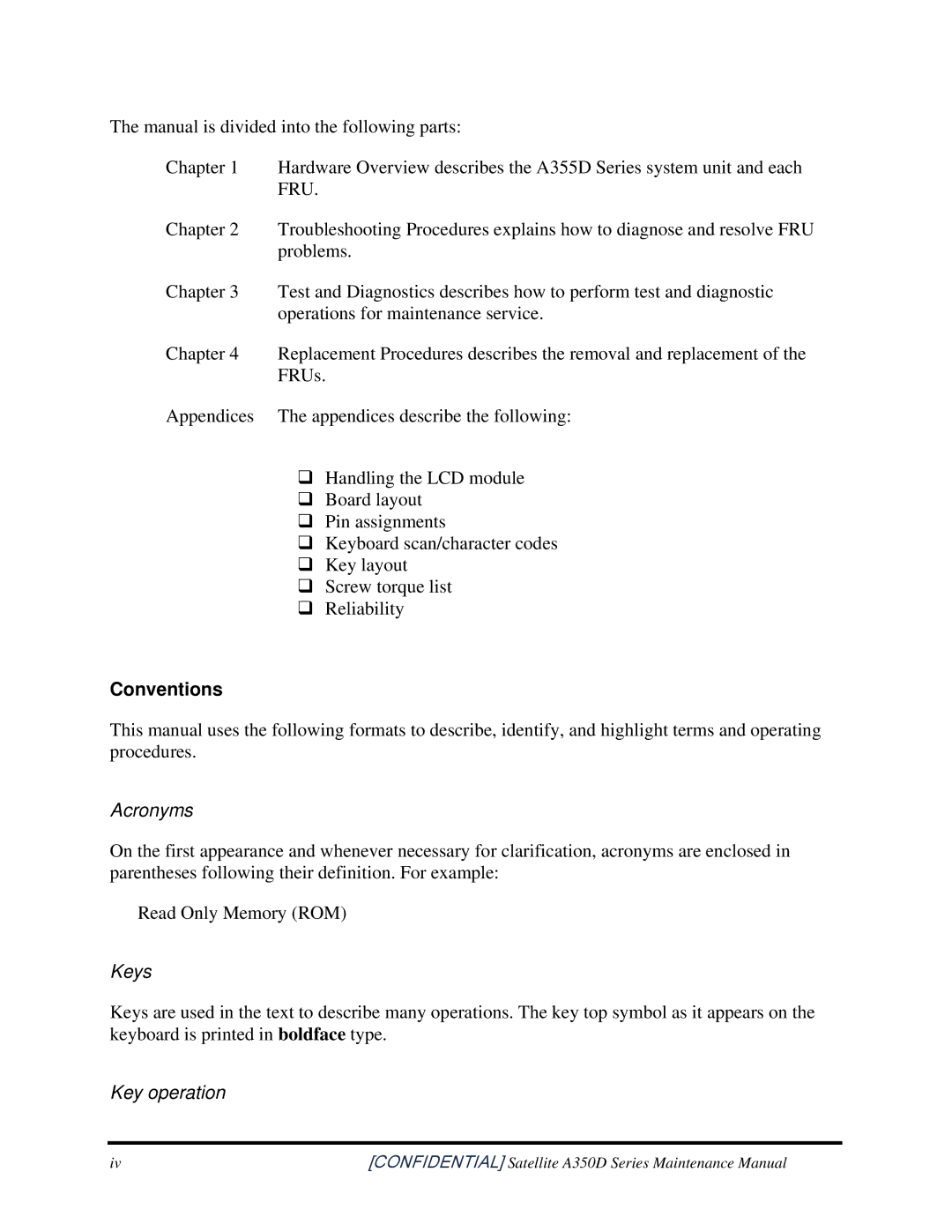 Toshiba Satellite A350D manual Conventions, Acronyms, Keys Key operation 