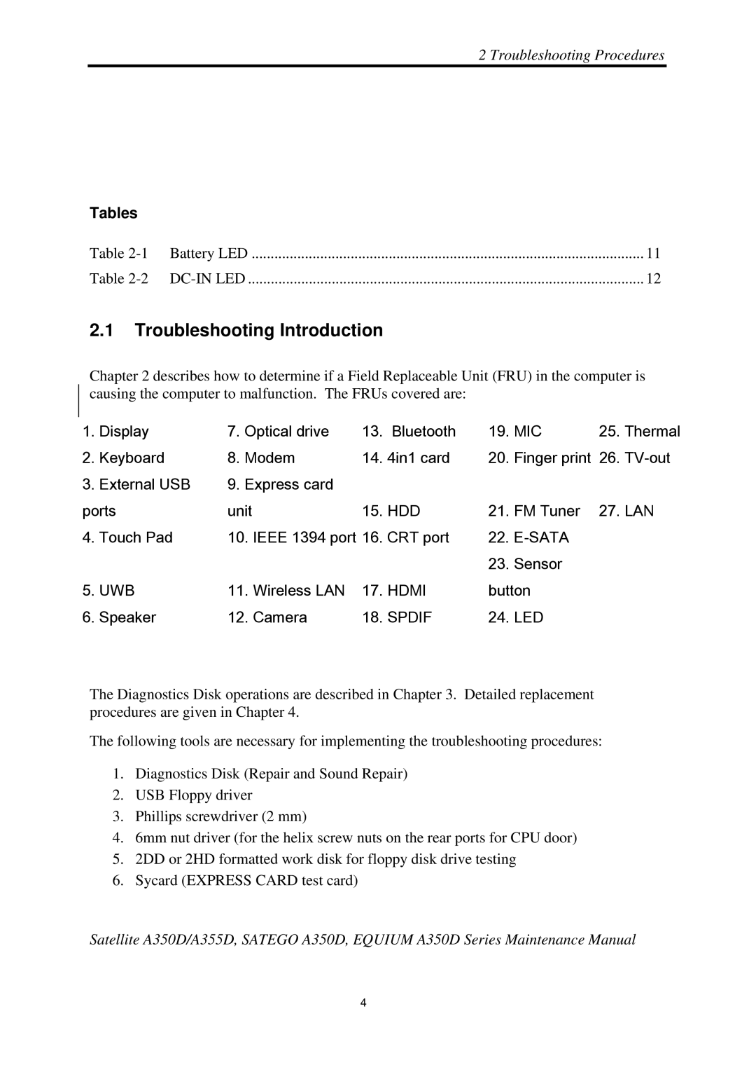 Toshiba Satellite A350D manual Troubleshooting Introduction, Spdif LED 