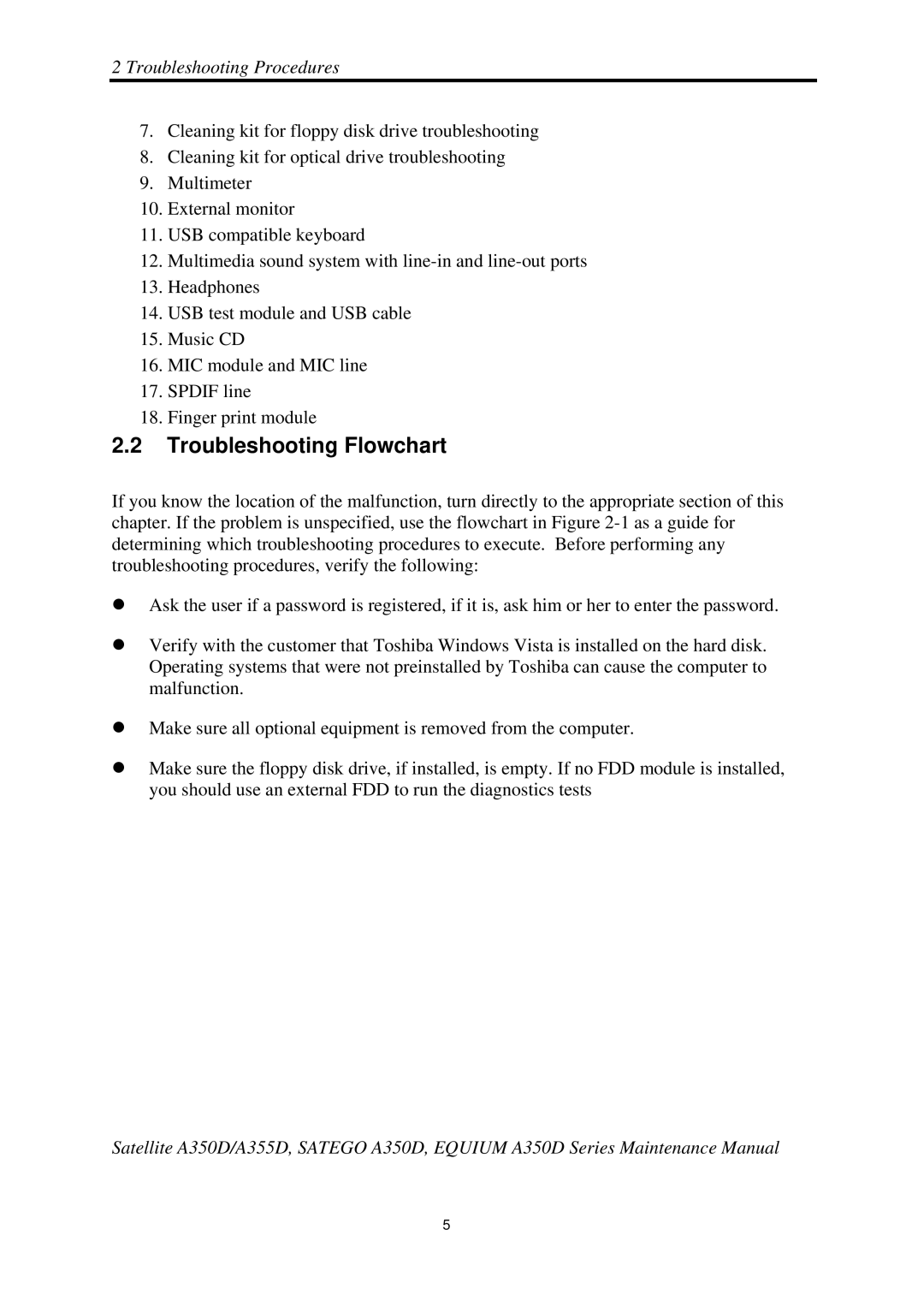 Toshiba Satellite A350D manual Troubleshooting Flowchart 