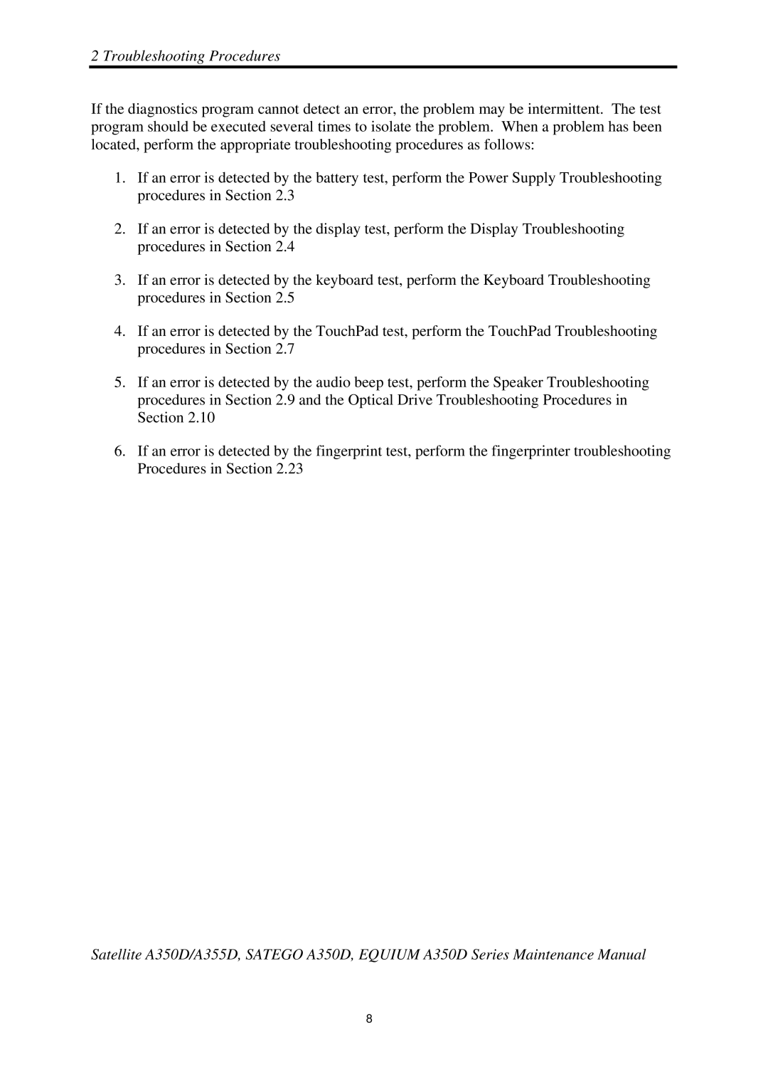 Toshiba Satellite A350D manual Troubleshooting Procedures 