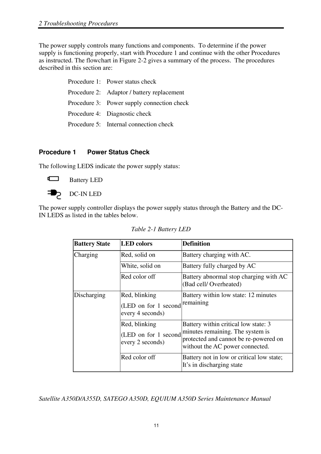 Toshiba Satellite A350D manual Procedure 1 Power Status Check, Battery LED, Battery State LED colors Definition 