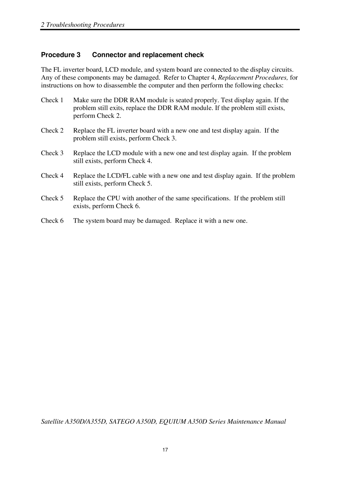 Toshiba Satellite A350D manual Procedure 3 Connector and replacement check 