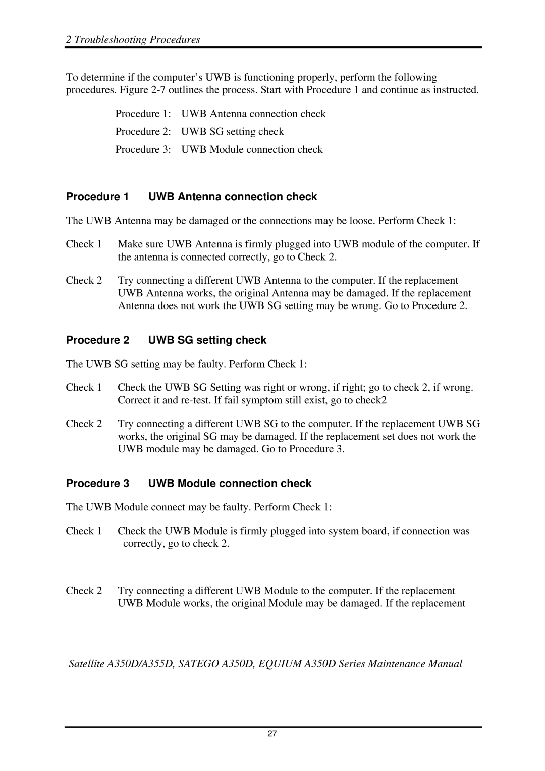 Toshiba Satellite A350D manual Procedure 1 UWB Antenna connection check, Procedure 2 UWB SG setting check 