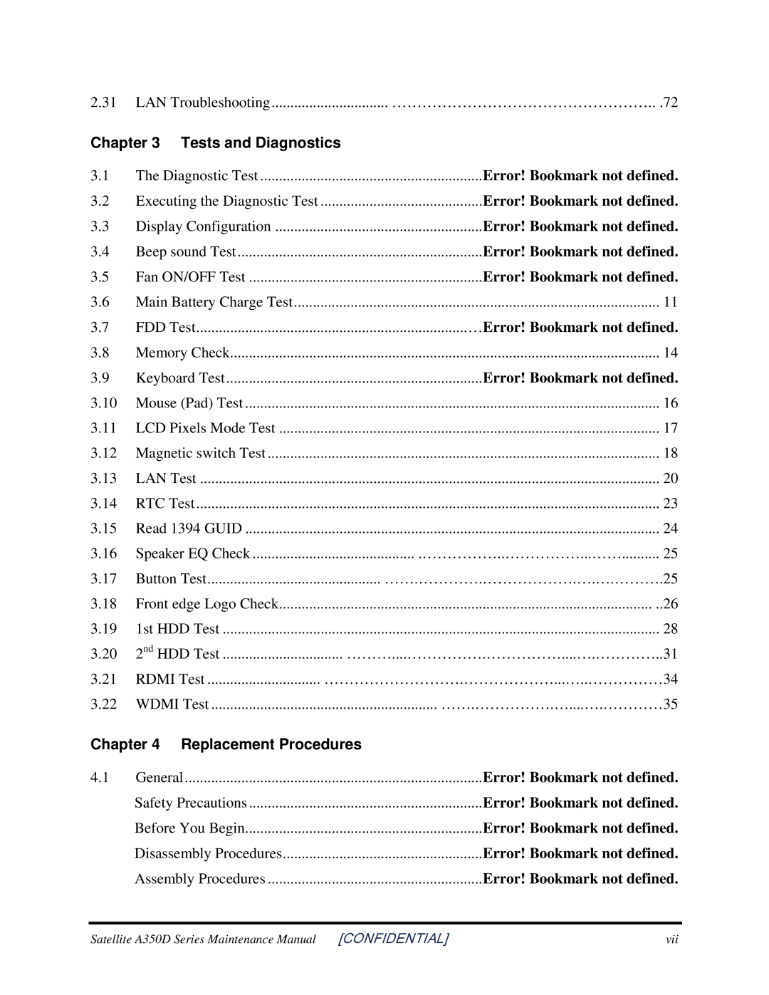 Toshiba Satellite A350D manual Tests and Diagnostics, Replacement Procedures 