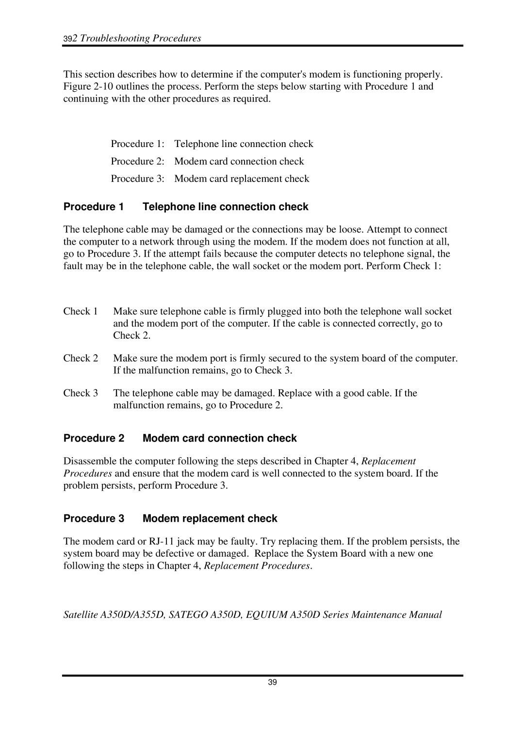 Toshiba Satellite A350D manual Procedure 1 Telephone line connection check, Procedure 2 Modem card connection check 