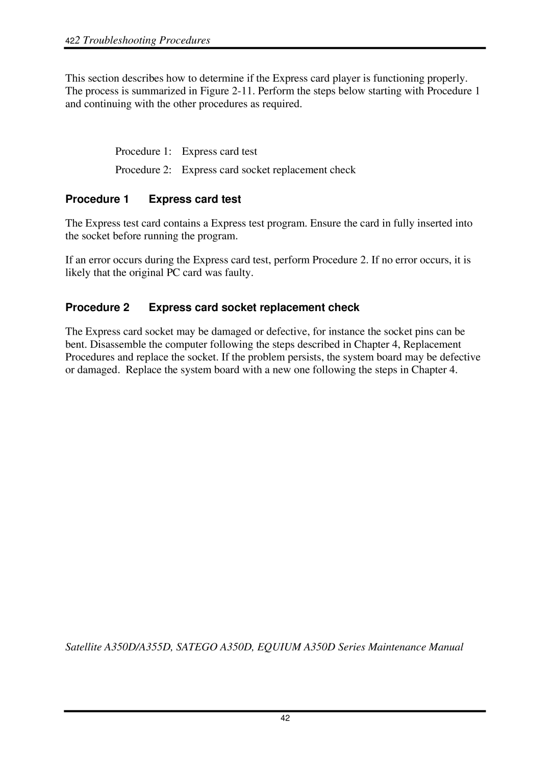 Toshiba Satellite A350D manual Procedure 1 Express card test, Procedure 2 Express card socket replacement check 