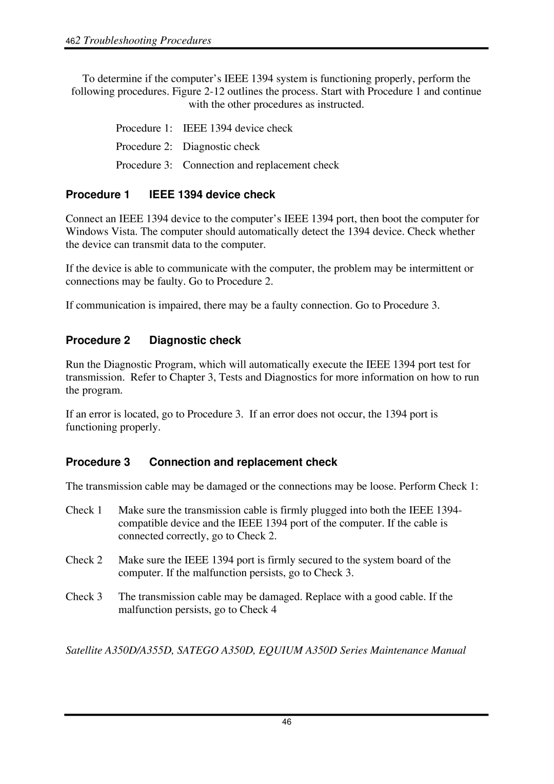 Toshiba Satellite A350D manual Procedure 1 Ieee 1394 device check, Procedure 3 Connection and replacement check 