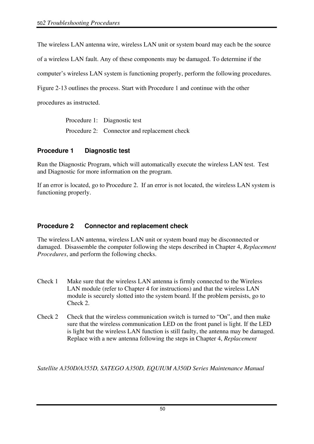 Toshiba Satellite A350D manual Procedure Diagnostic test, Procedure 2 Connector and replacement check 