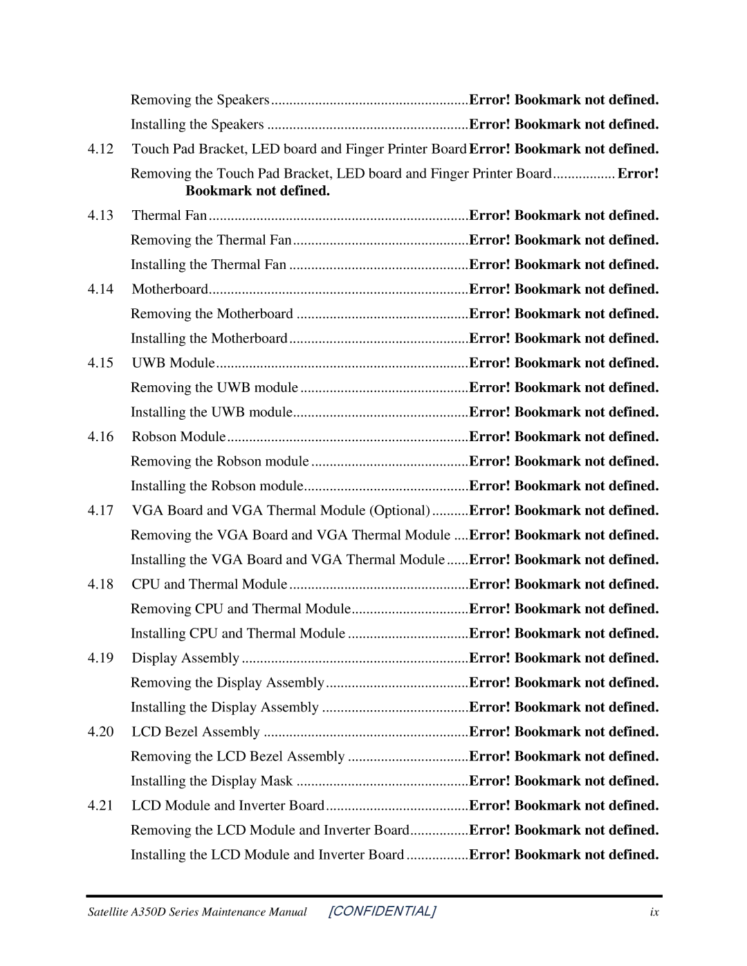 Toshiba Satellite A350D manual Error, Bookmark not defined 