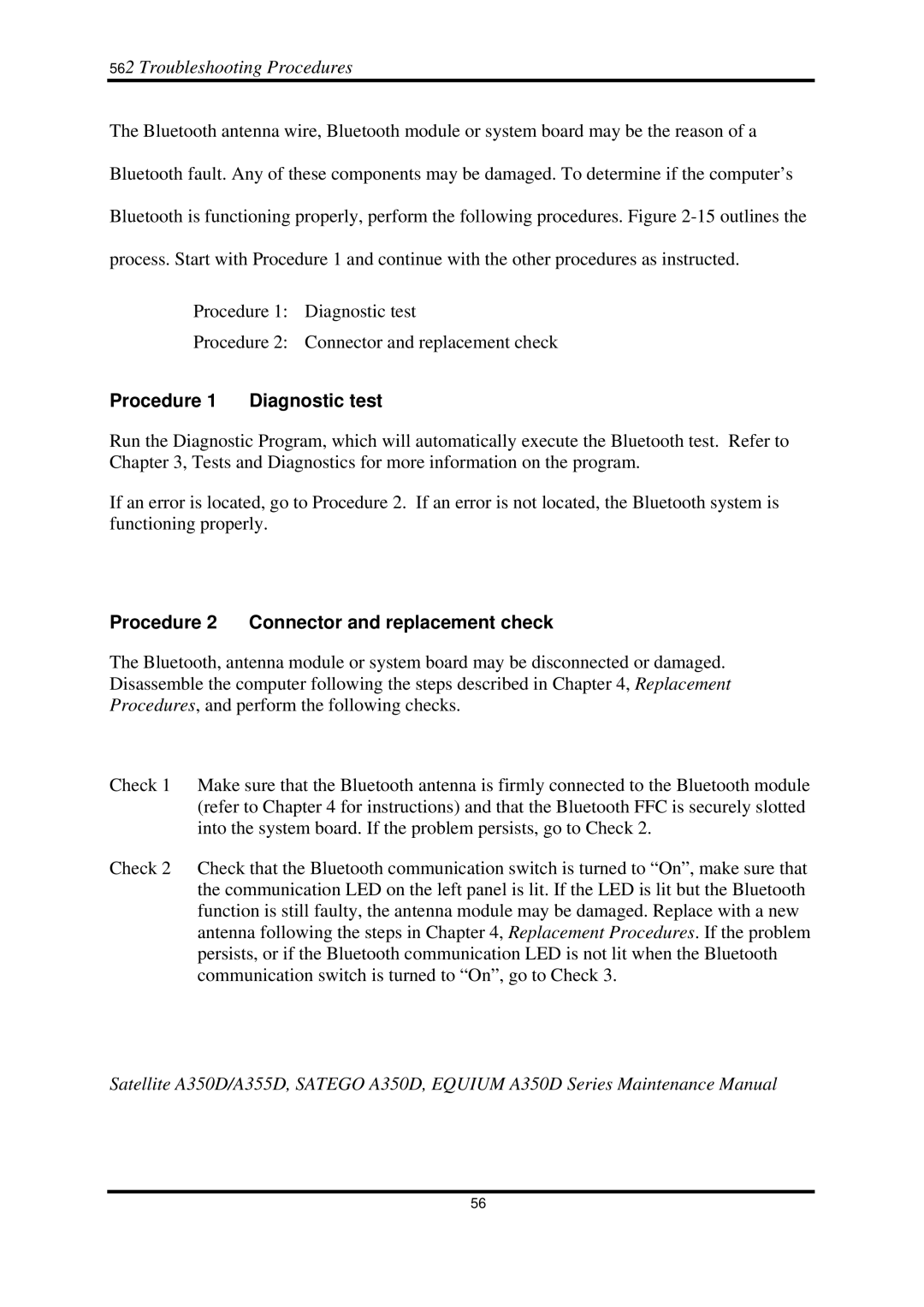 Toshiba Satellite A350D manual Procedure Diagnostic test 