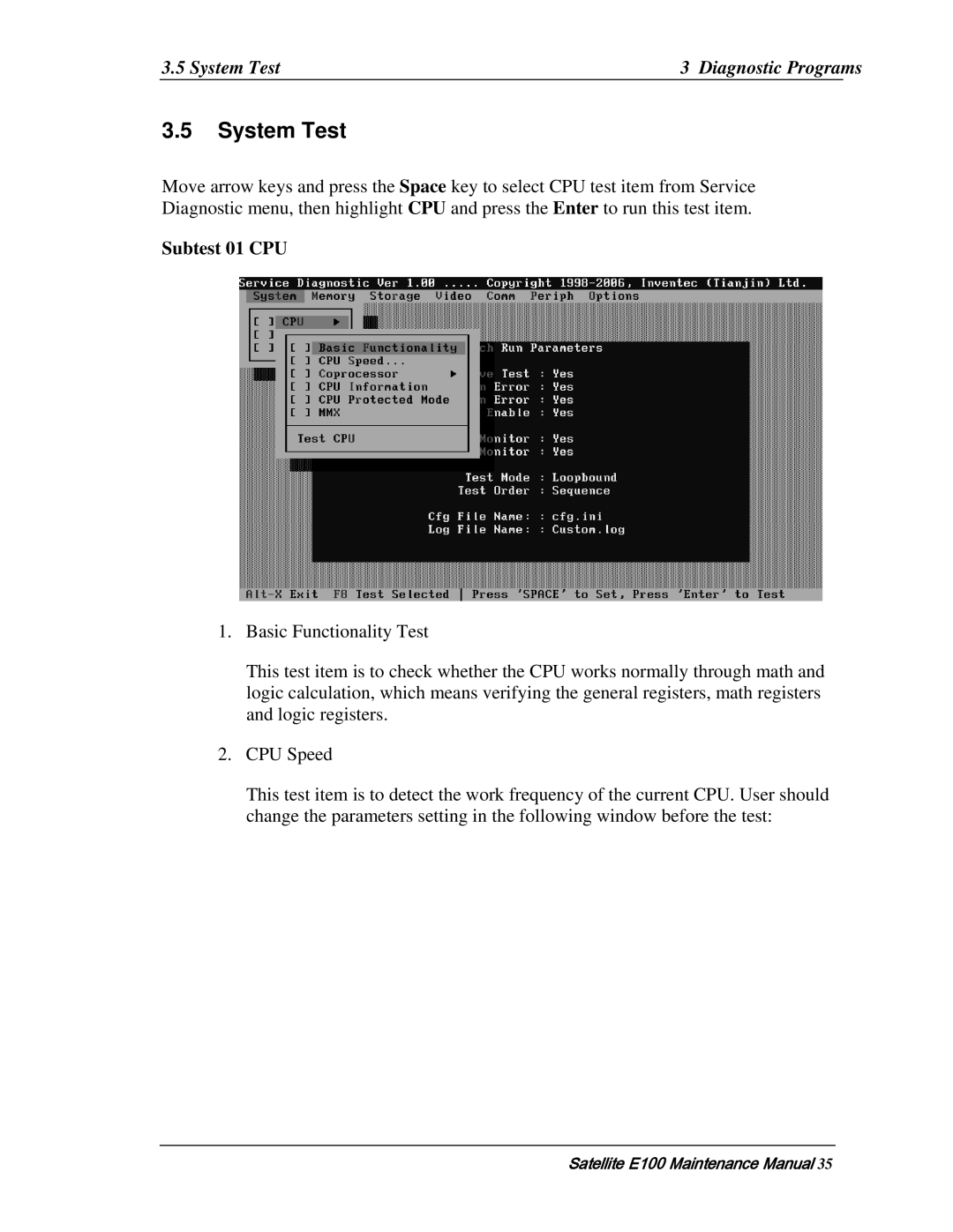 Toshiba SATELLITE E105 manual System Test Diagnostic Programs, Subtest 01 CPU 