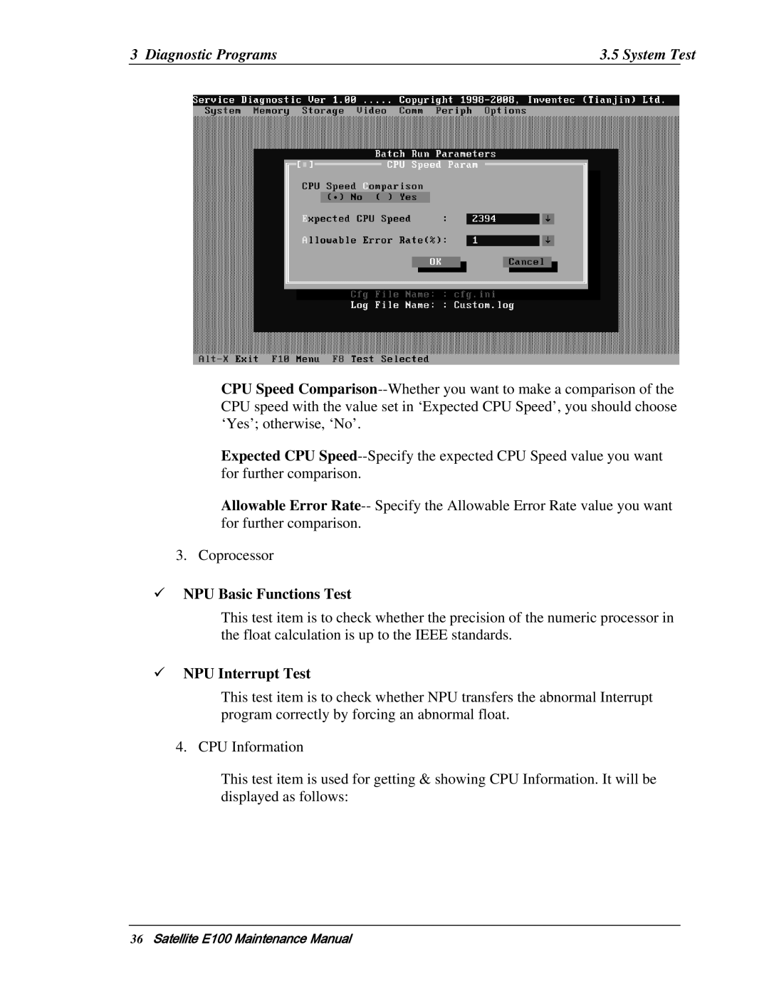 Toshiba SATELLITE E105 manual Diagnostic Programs System Test, NPU Basic Functions Test, NPU Interrupt Test 