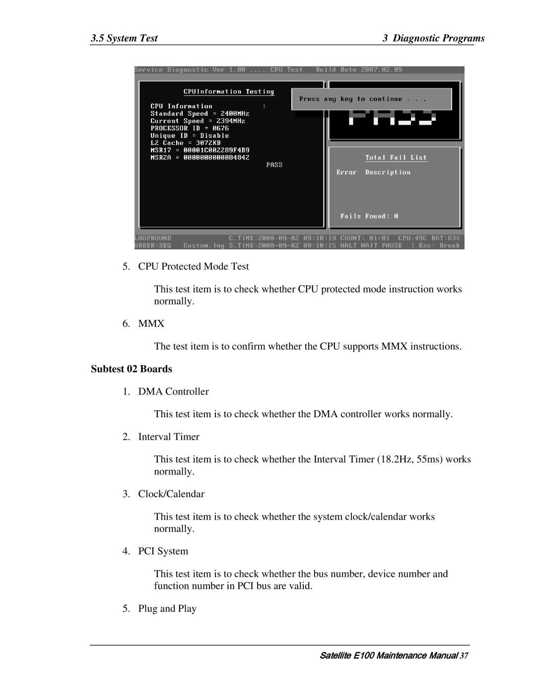 Toshiba SATELLITE E105 manual Subtest 02 Boards 