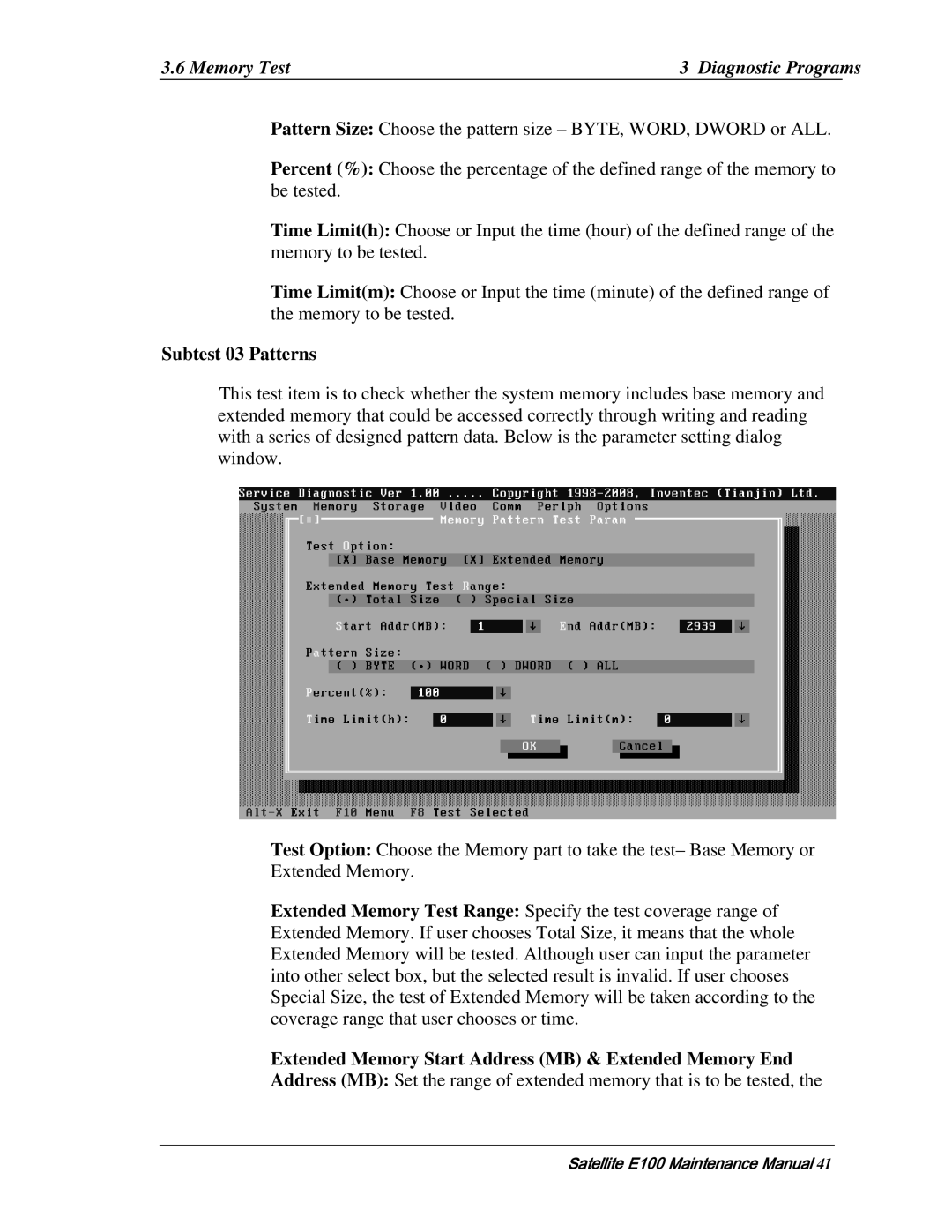 Toshiba SATELLITE E105 manual Memory Test Diagnostic Programs, Subtest 03 Patterns 