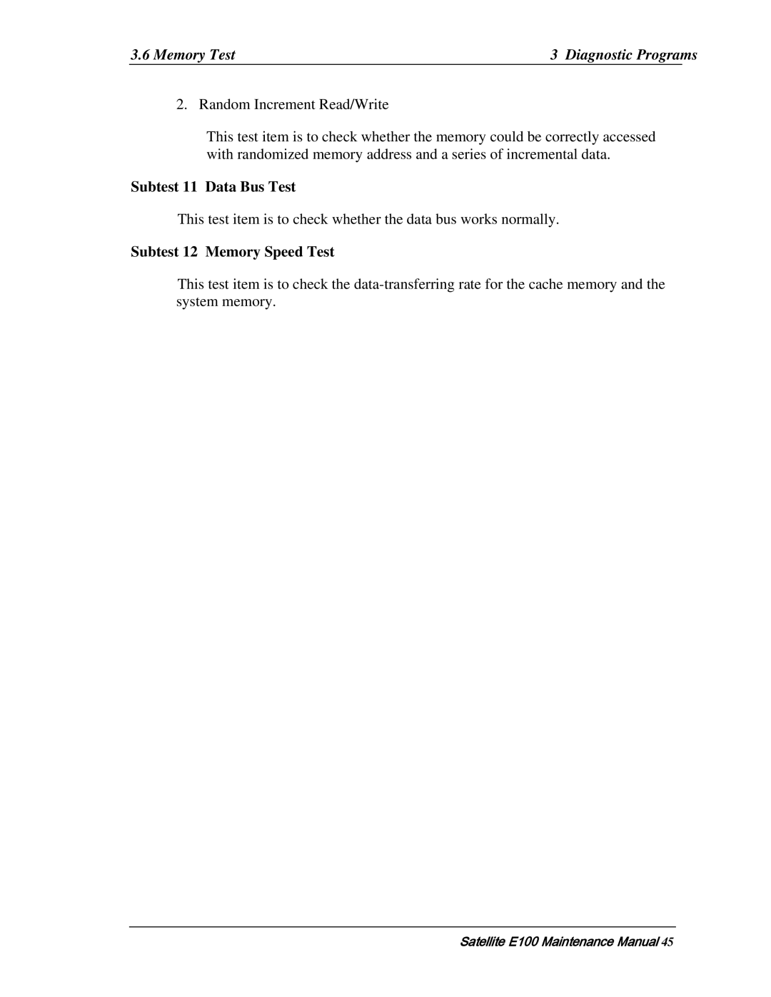 Toshiba SATELLITE E105 manual Subtest 11 Data Bus Test, Subtest 12 Memory Speed Test 