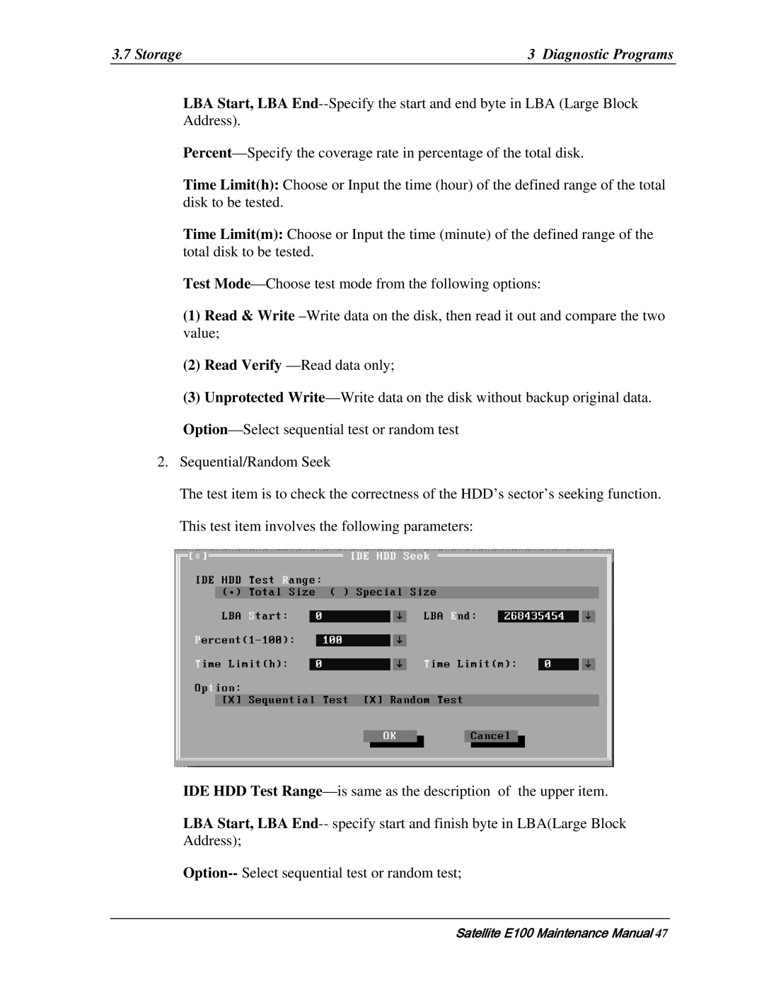 Toshiba SATELLITE E105 manual Storage Diagnostic Programs 