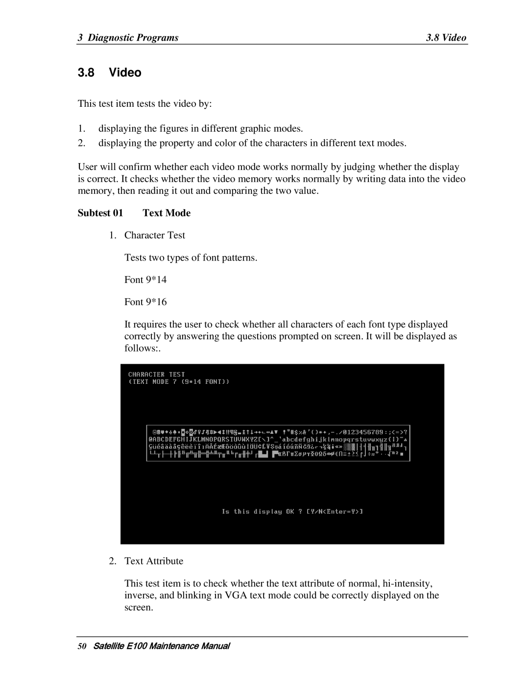 Toshiba SATELLITE E105 manual Diagnostic Programs Video, Subtest 