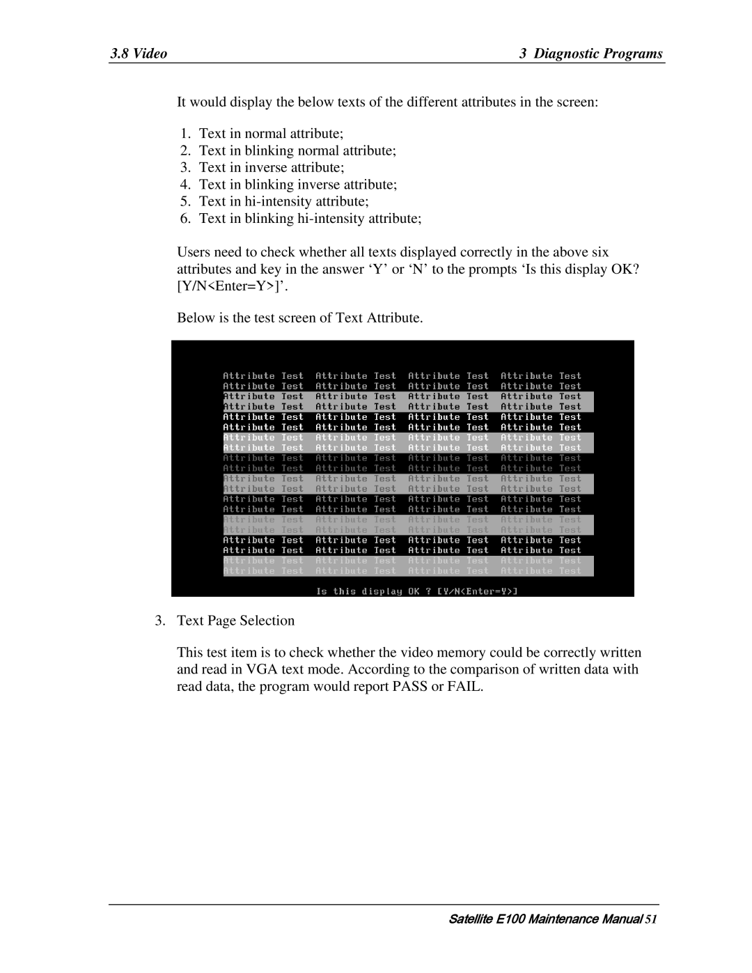 Toshiba SATELLITE E105 manual Video Diagnostic Programs 