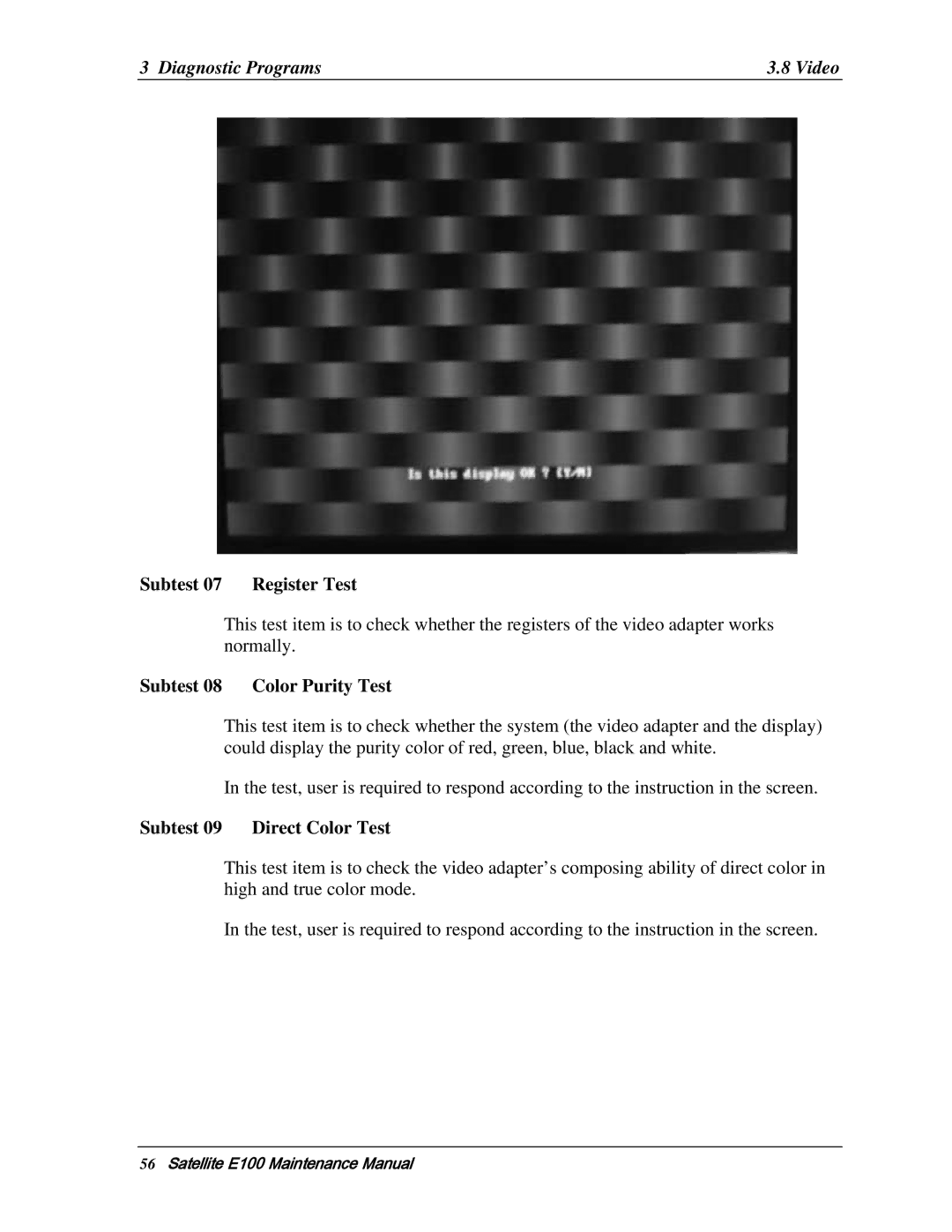 Toshiba SATELLITE E105 manual Subtest 08 Color Purity Test, Subtest 09 Direct Color Test 