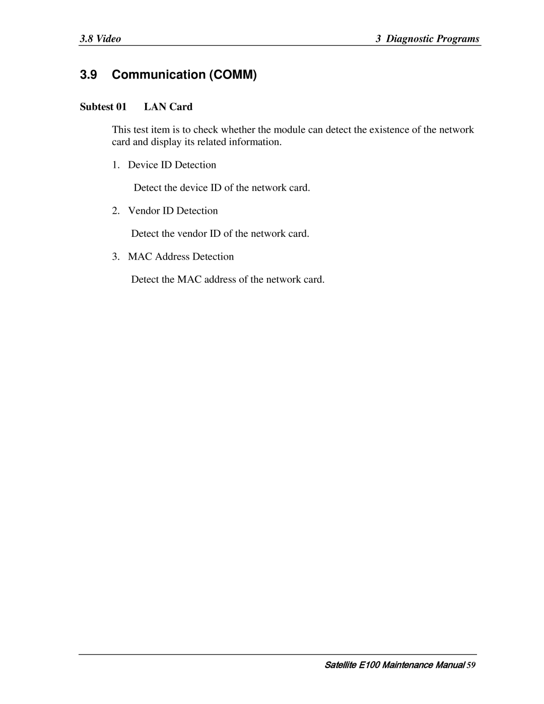 Toshiba SATELLITE E105 manual Communication Comm, Subtest 01 LAN Card 