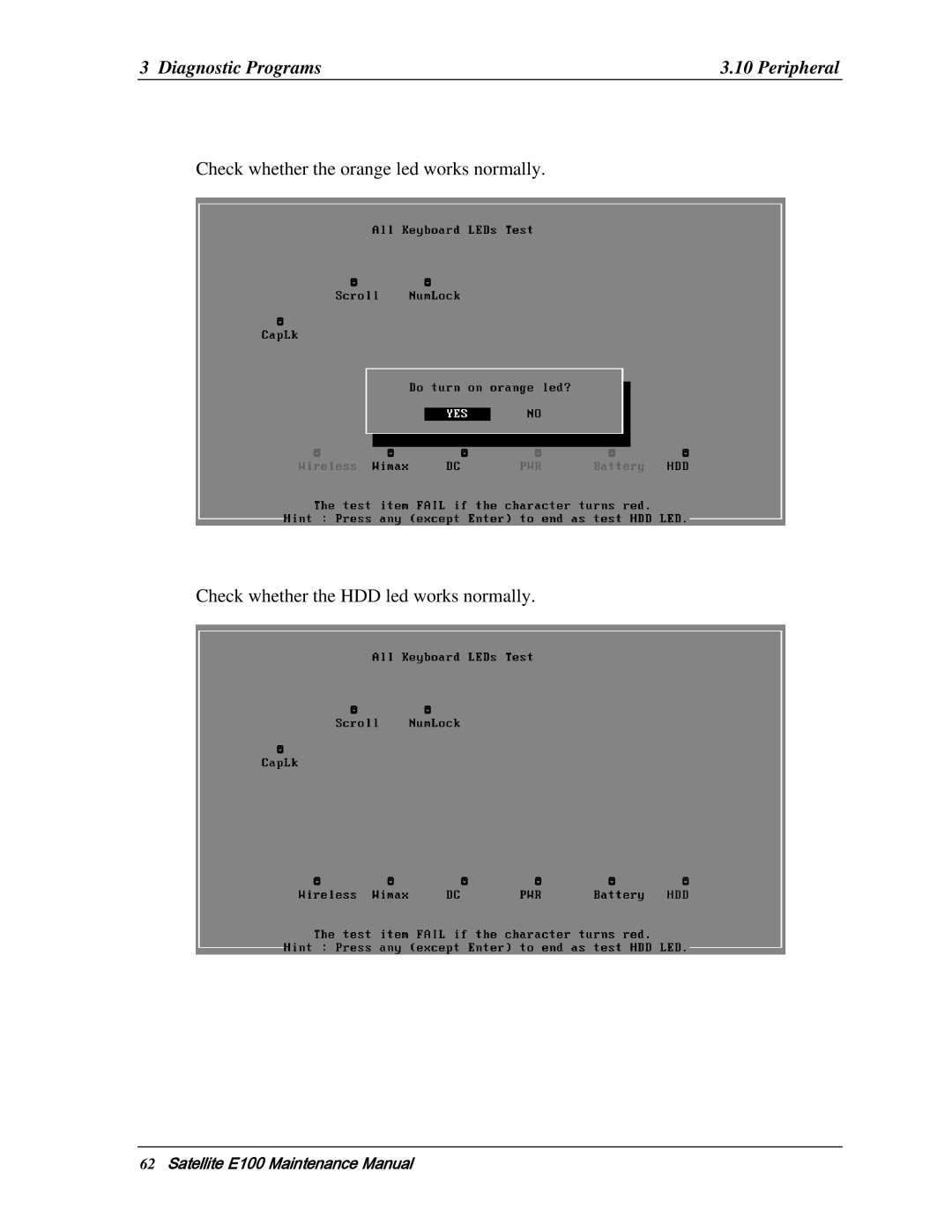 Toshiba SATELLITE E105 manual Diagnostic Programs Peripheral 