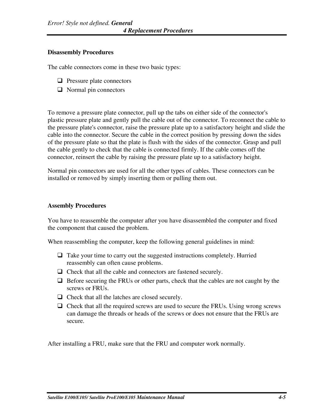 Toshiba SATELLITE E105 manual Disassembly Procedures, Assembly Procedures 