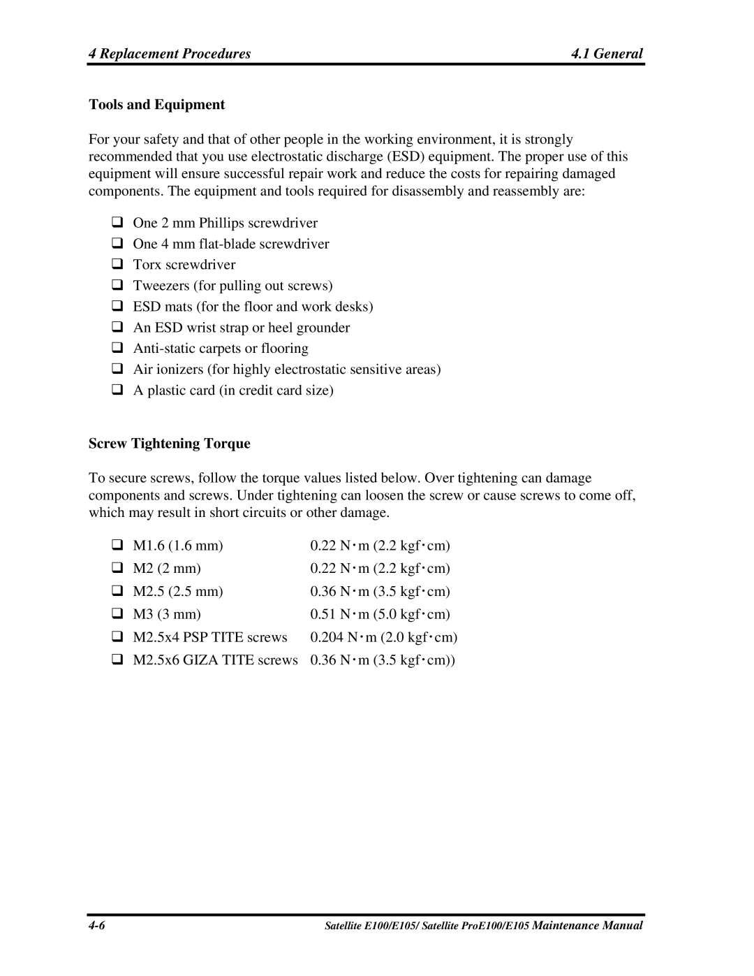 Toshiba SATELLITE E105 manual Tools and Equipment, Screw Tightening Torque 